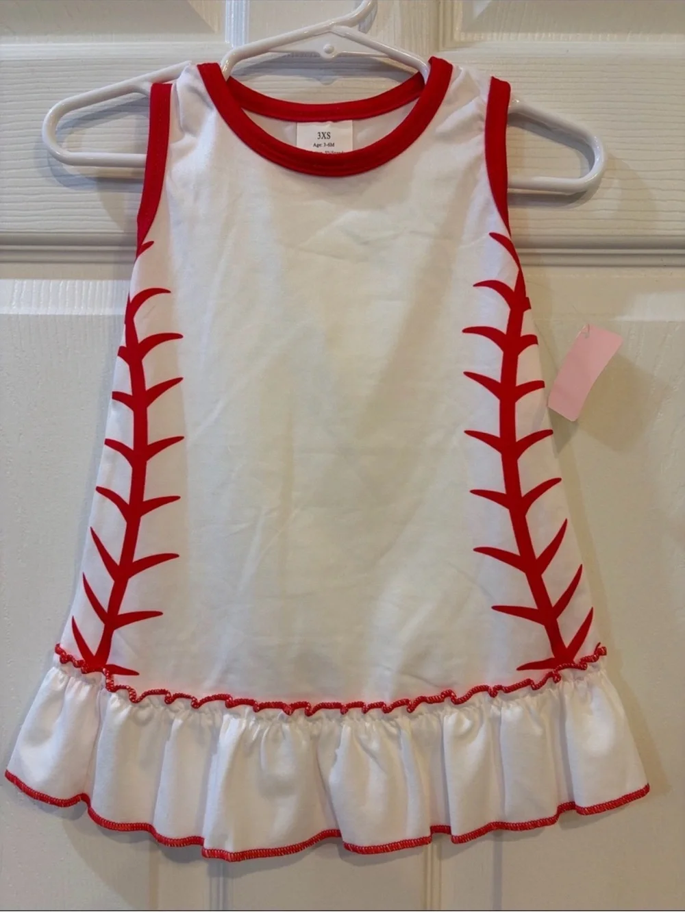 Girls White & Red Baseball Stitch Ruffle Dress